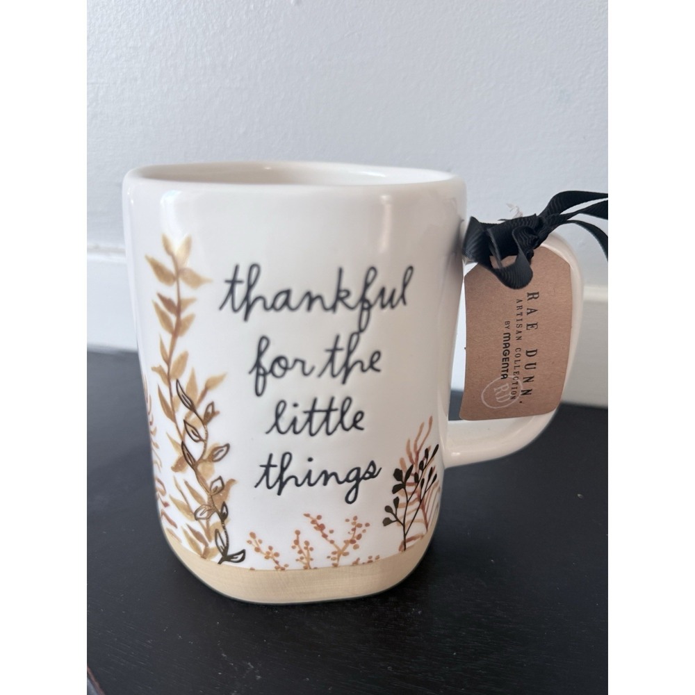 NWT Rae Dunn Thankful For The Little Things Fall Mug White Ceramic Magenta